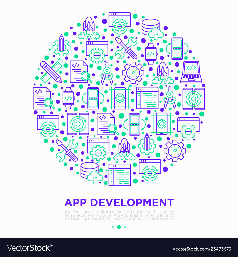 App development concept in circle with line icons