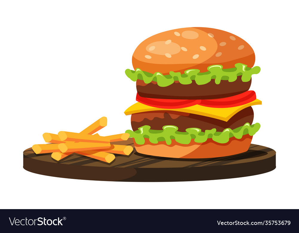 Big burger and fries isolated on white background