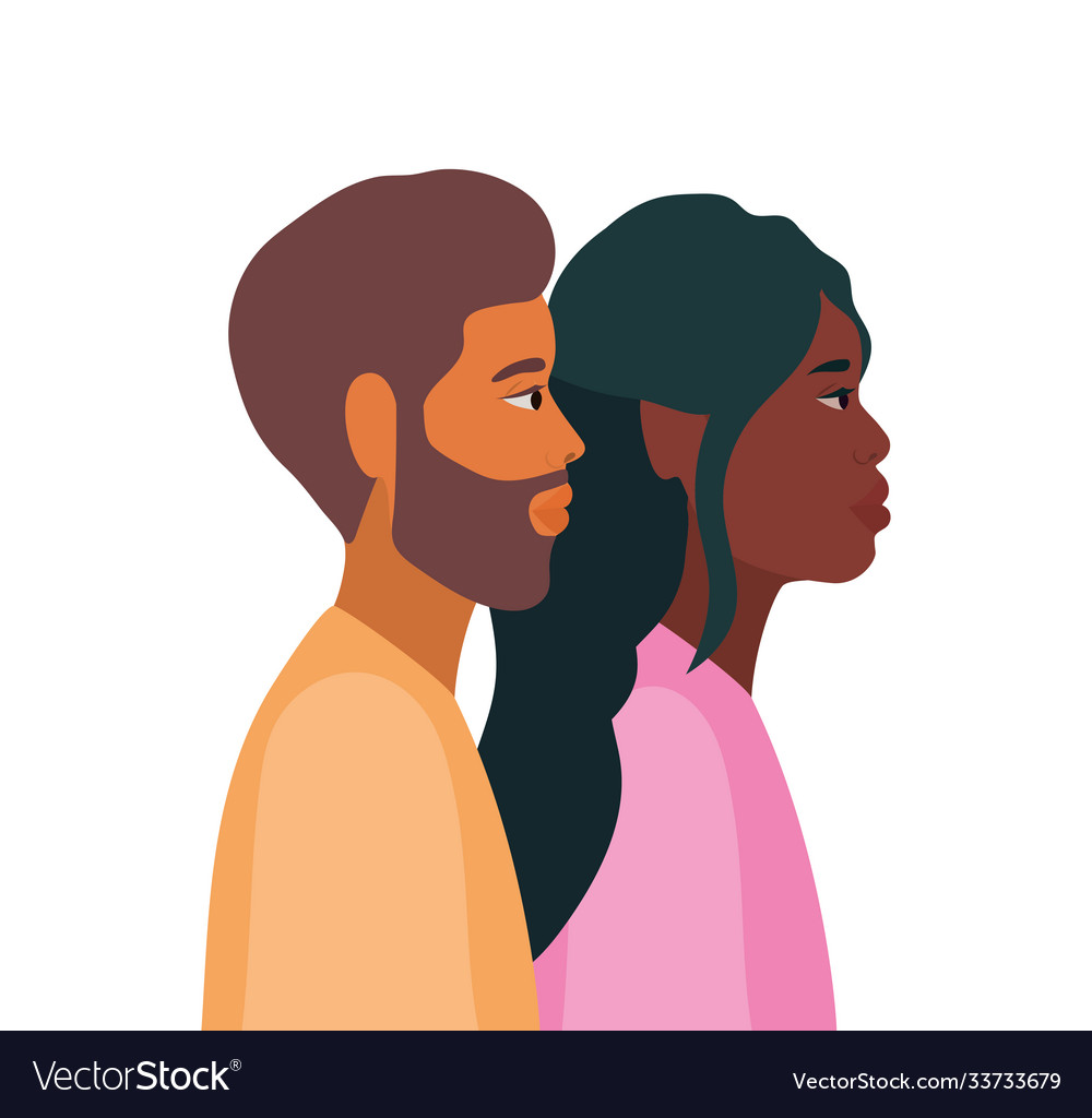 Black woman and man cartoon in side view