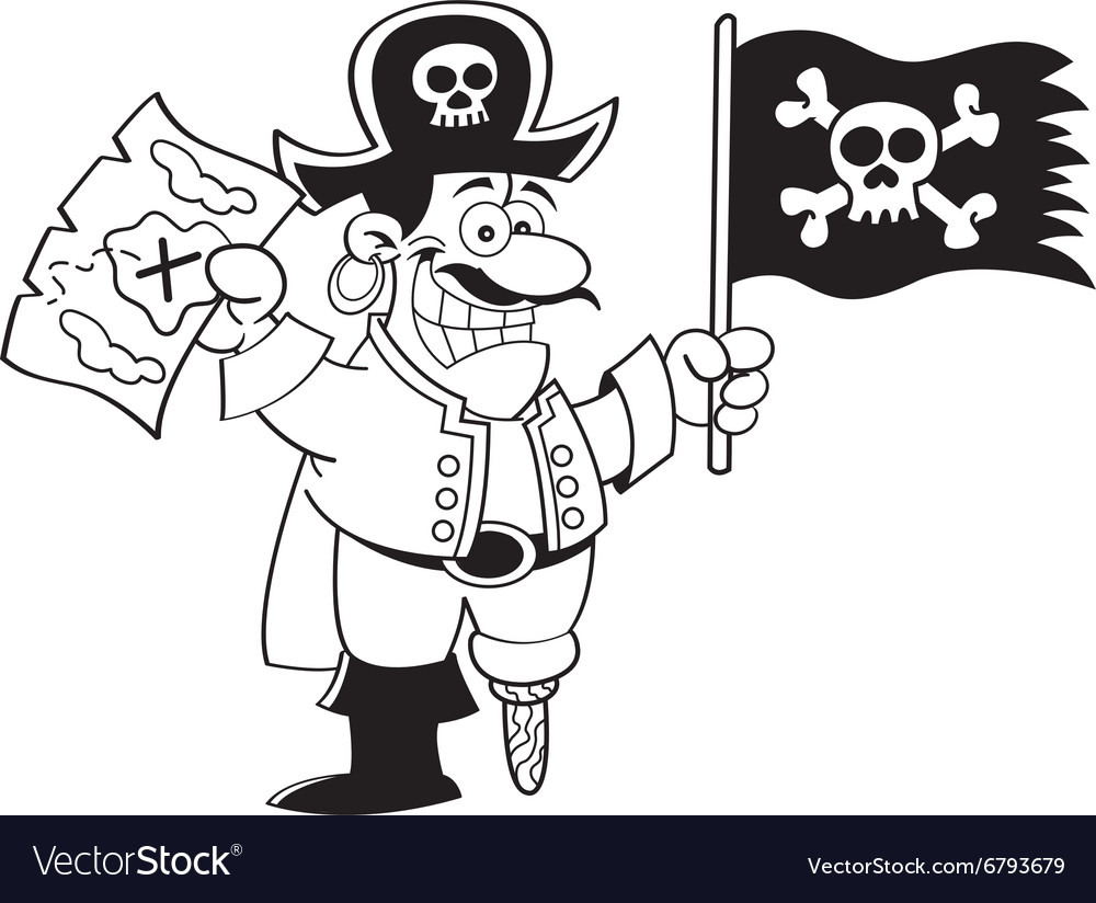 Cartoon pirate holding a map and flag