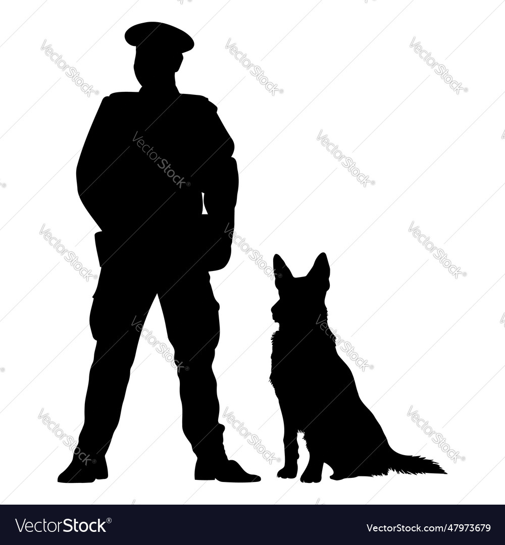 Security guard and dog standing silhouette Vector Image