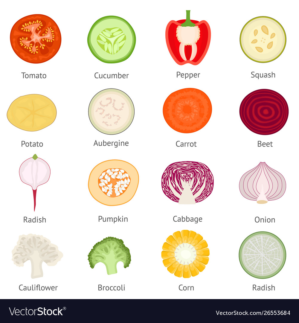 Cartoon color vegetable slices icon set