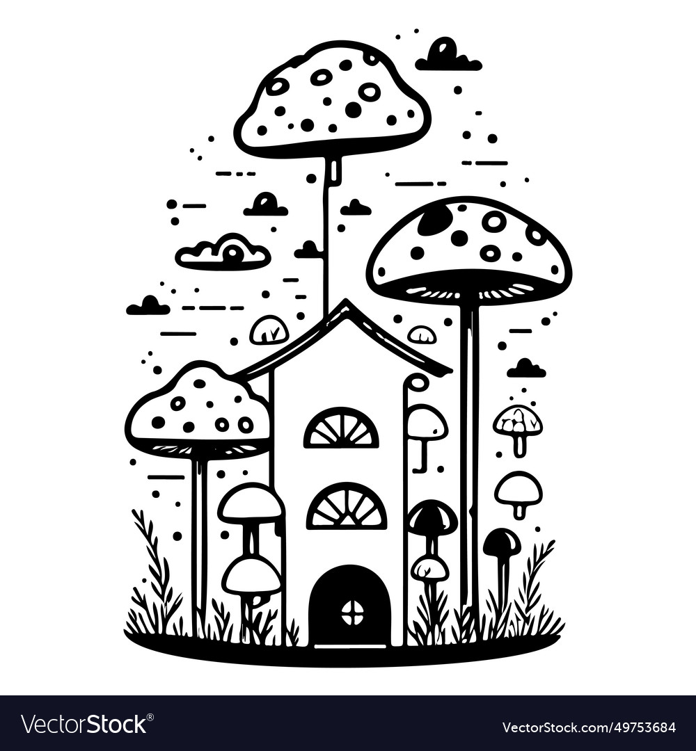 Doodle house mushroom sketch hand draw black Vector Image