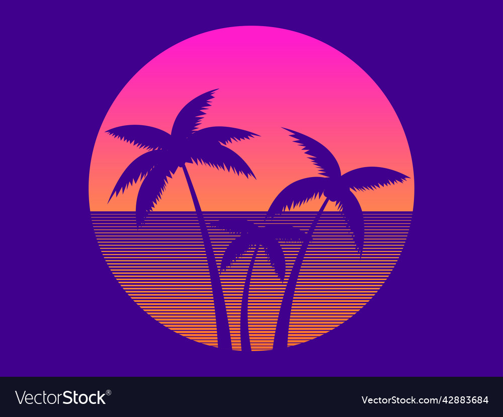 Palm trees at sunset in the style of the 80s Vector Image