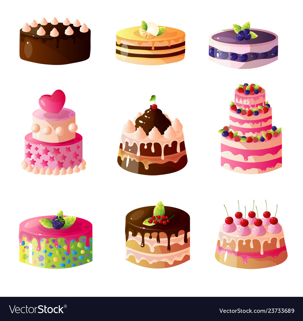 Collection Of Delicious Cakes With Fresh Fruit And