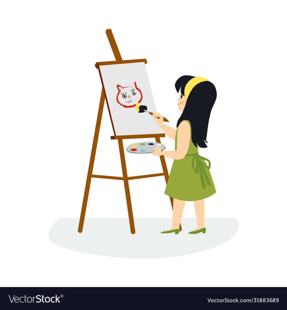 Cute little girl drawing and painting picture flat