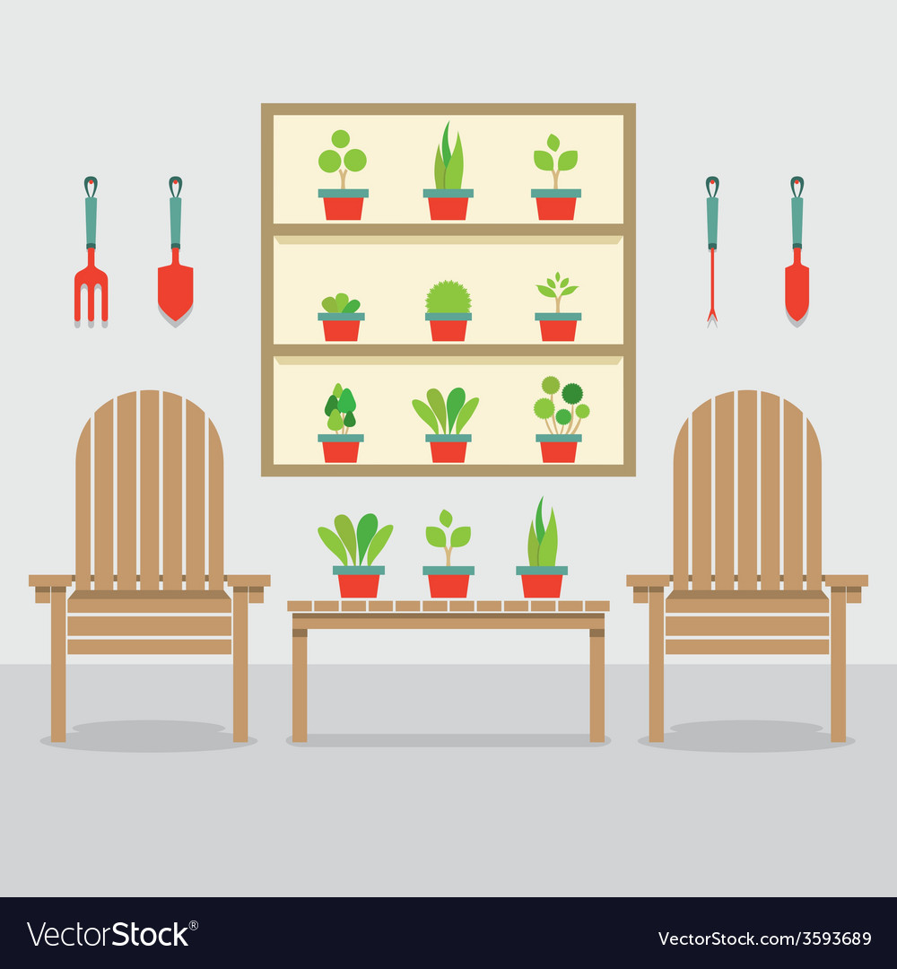 Wooden garden chairs and pot plants