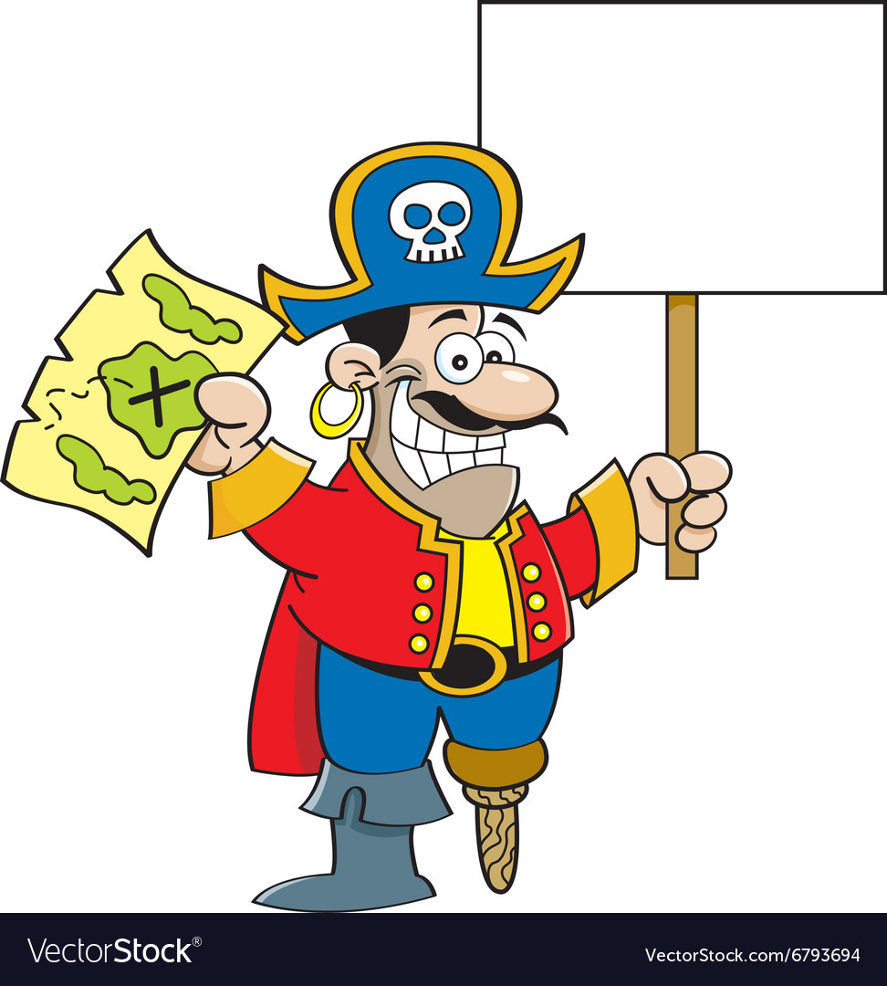 Cartoon pirate hodling a map and sign