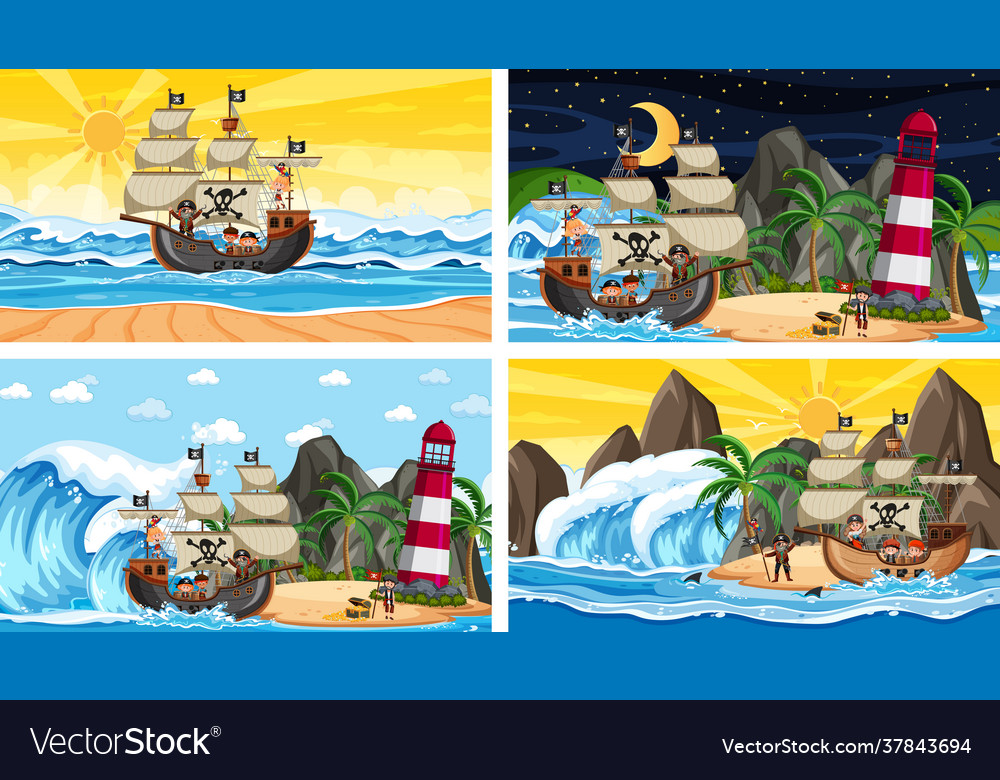 Set different beach scenes with pirate ship