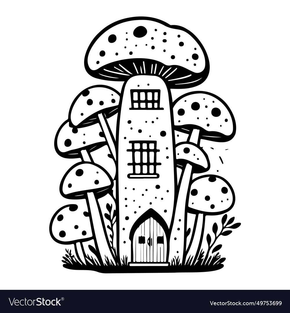 Doodle house mushroom sketch hand draw black Vector Image