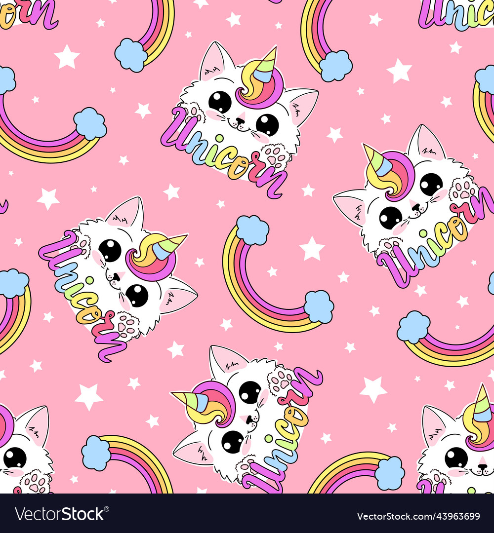 Seamless pattern with a unicorn cat and rainbow