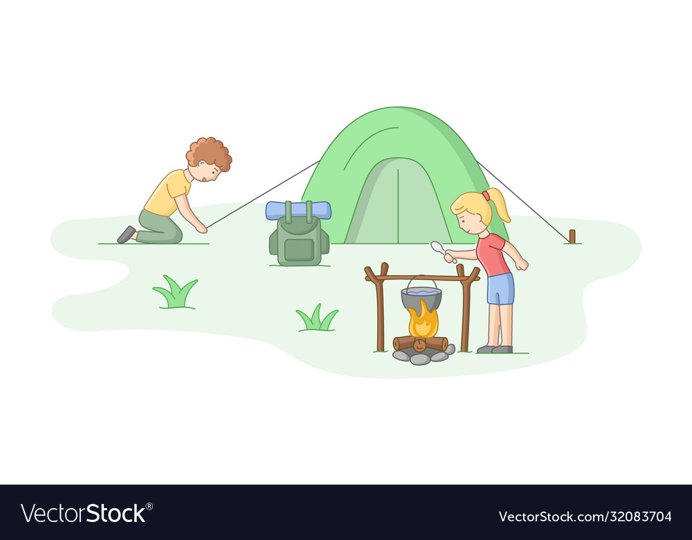 Camping tourism concept young couple rest