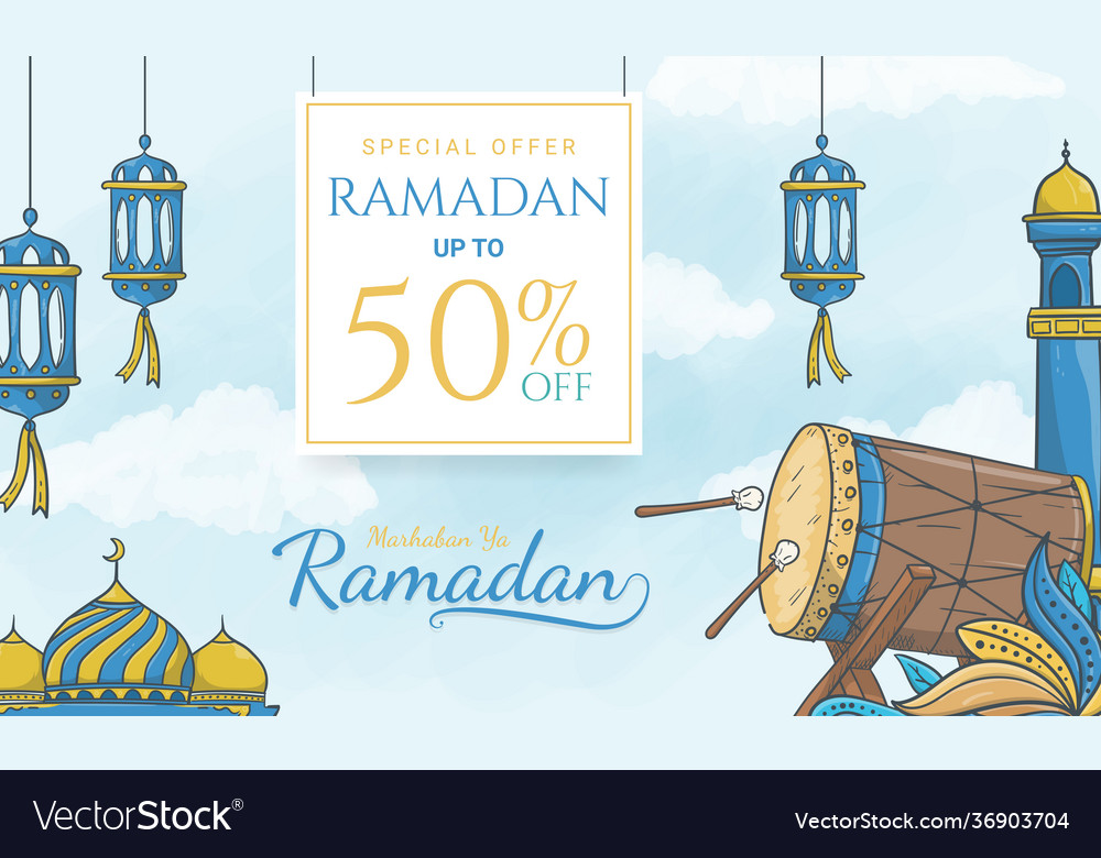 Hand drawn ramadan sale banner with islamic