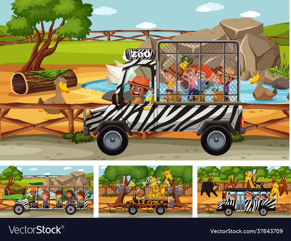 Different safari scenes with animals and kids Vector Image