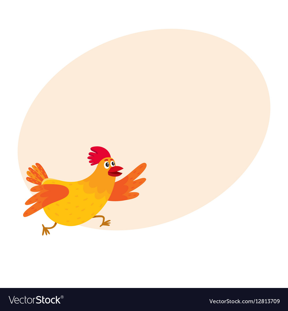 Funny cartoon red and orange chicken hen rushing