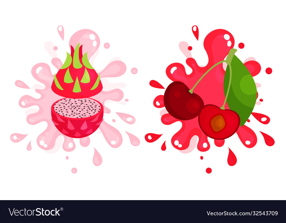 Juicy cut fruits with pulpy splashes and blots