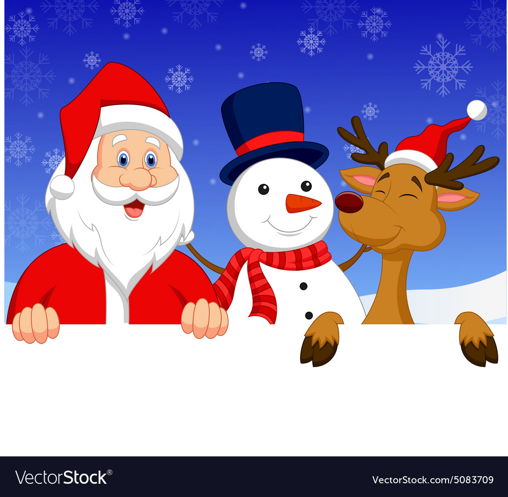 Santa Claus nosed reindeer and snowman with blank Vector Image