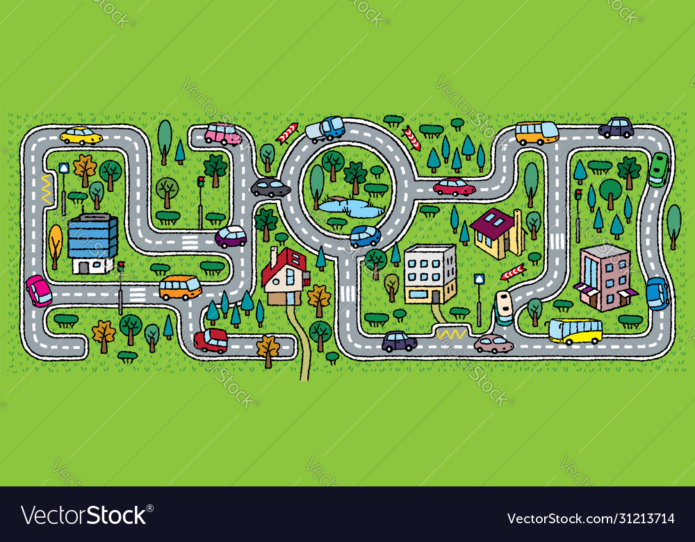 City pattern roads cars grass areas background