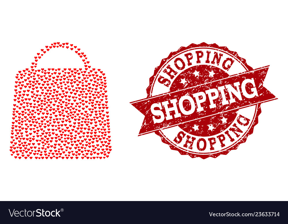 Love heart collage of shopping bag icon and rubber