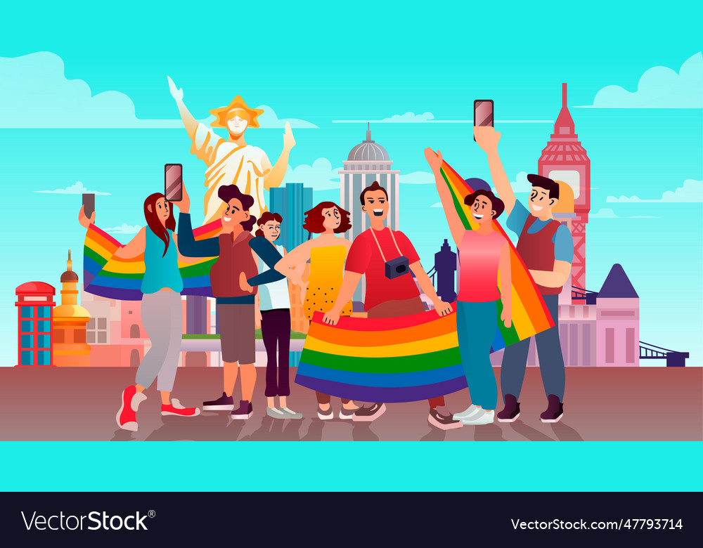 People with lgbt rainbow flags standing together