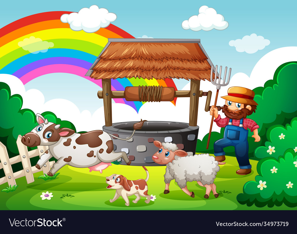 Farmer with animal farm in scene cartoon