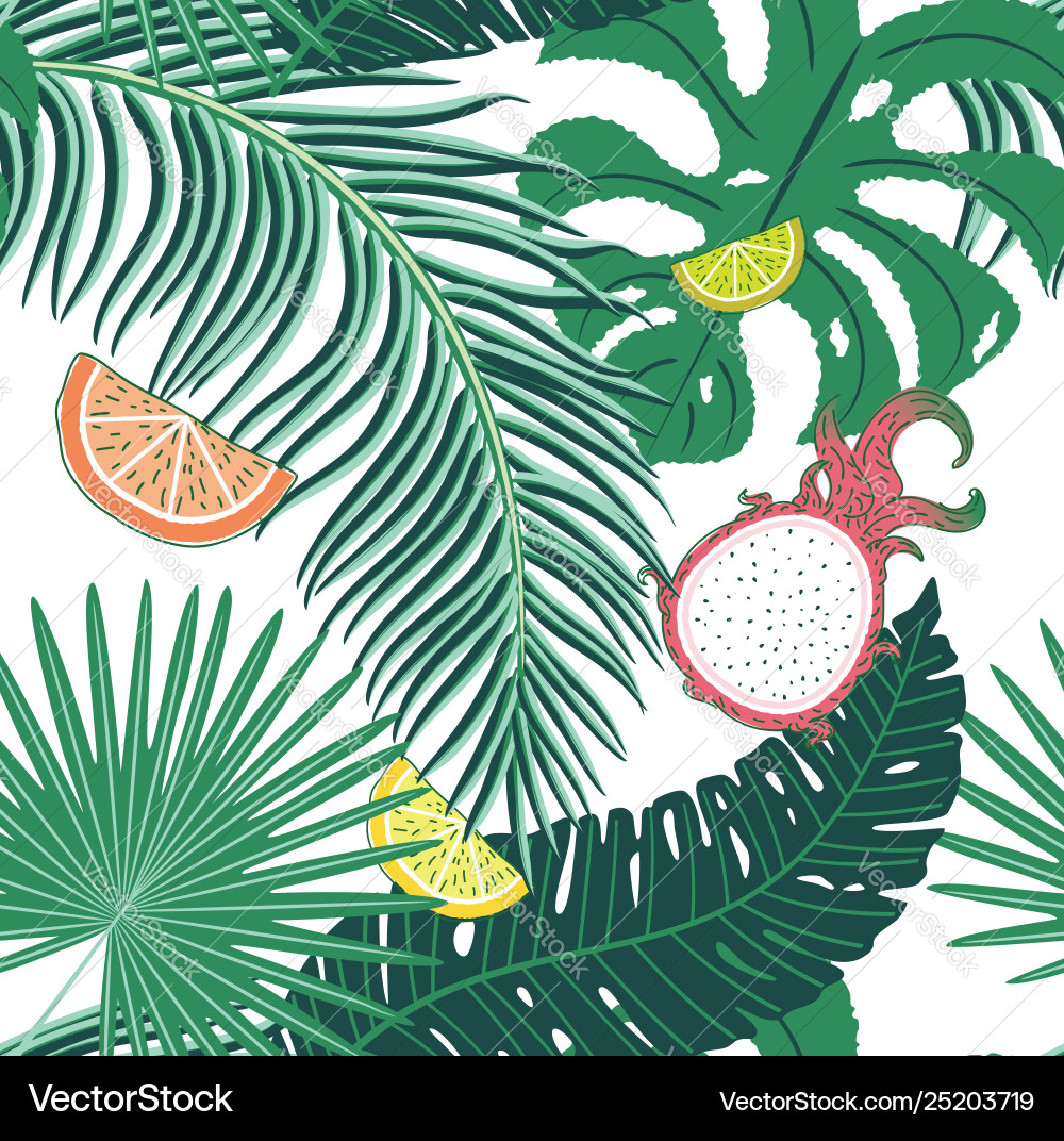Tropical leaves and fruits pattern Royalty Free Vector Image