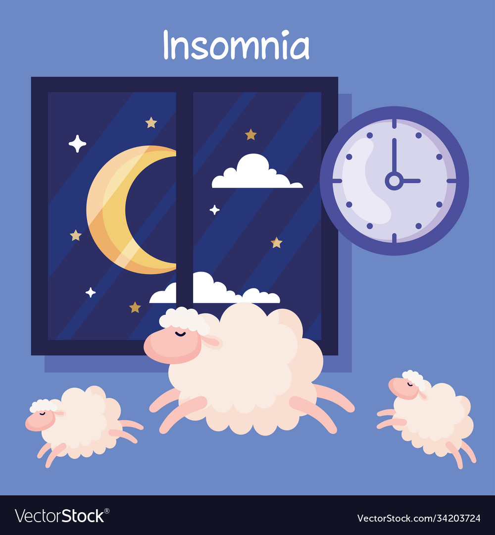 Insomnia sheeps clock and moon at window