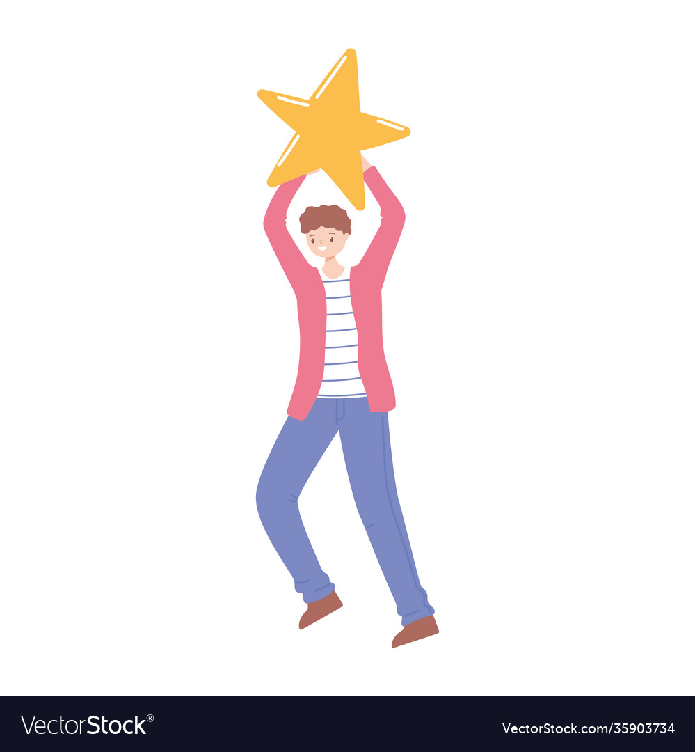 Happy boy with huge star cartoon white background Vector Image