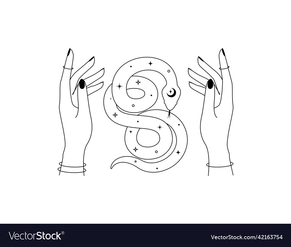 Magical hands and celestial snake in outline style