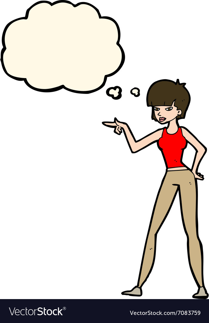 Cartoon woman pointing with thought bubble