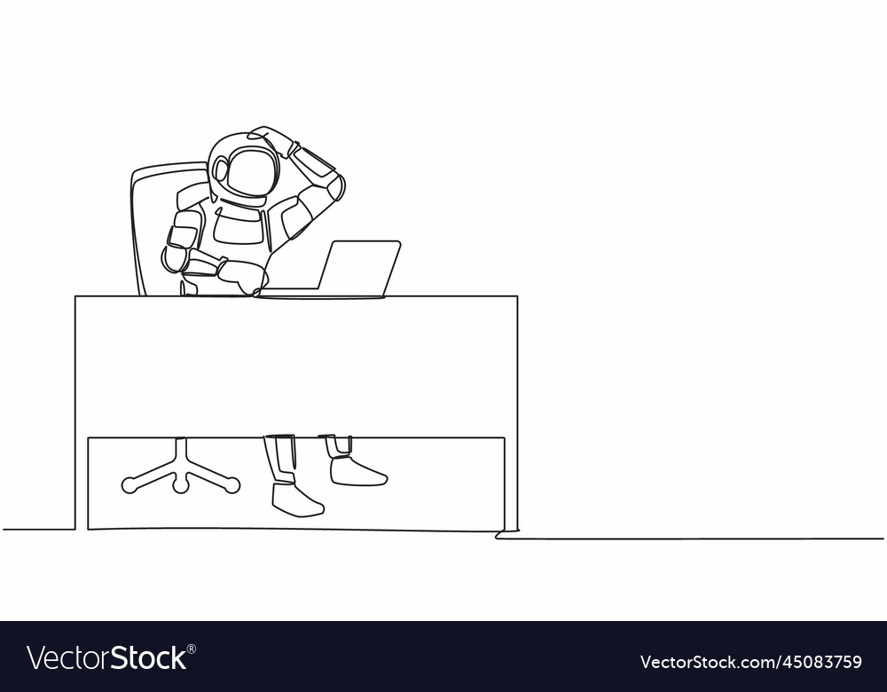 Single one line drawing confused young astronaut