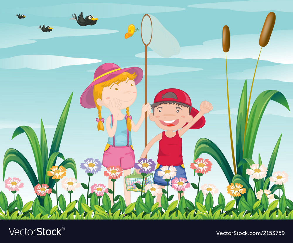 Two kids catching butterflies Royalty Free Vector Image