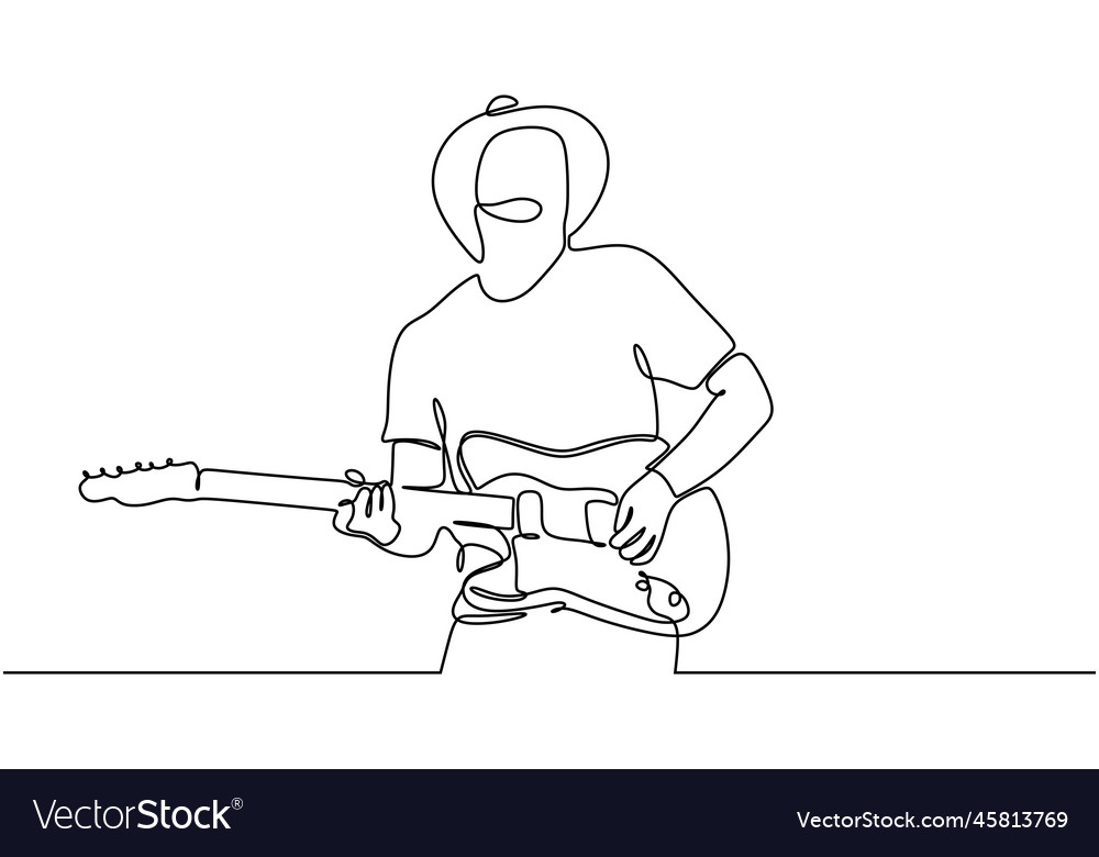 One line drawing of man with rock guitar electric Vector Image