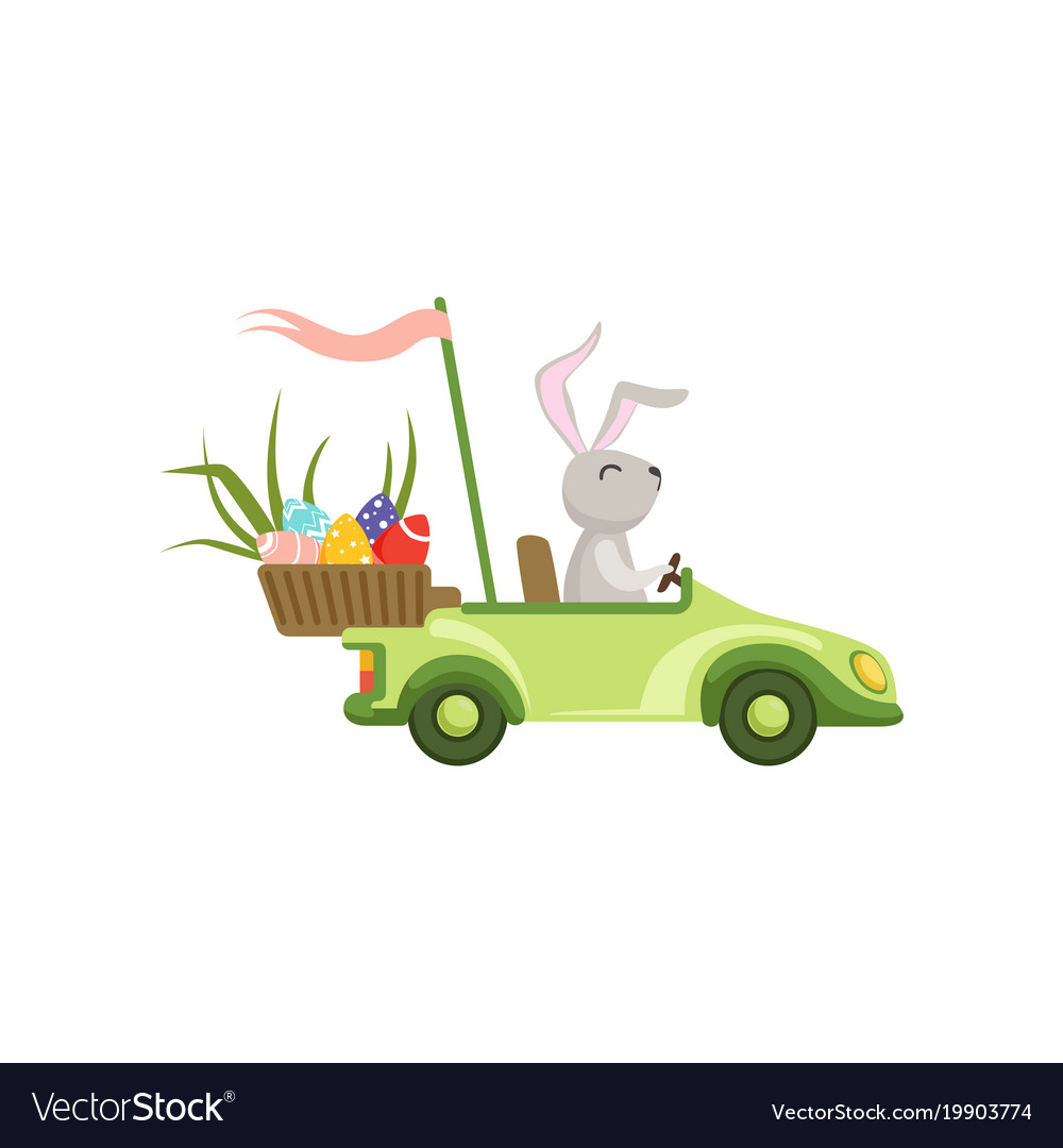 Cute bunny driving green vintage car with easter