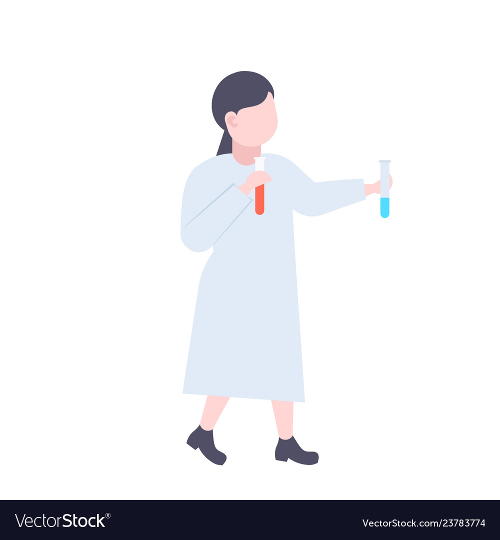 Female scientist holding test tubes with red and Vector Image