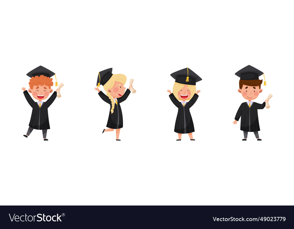 Happy kids in graduation gown and cap