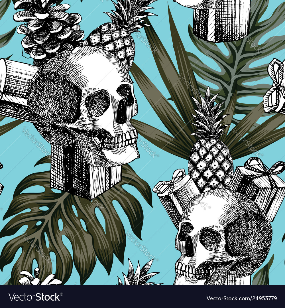 Skull Ts Pineapple Cone Tropical Background Vector Image