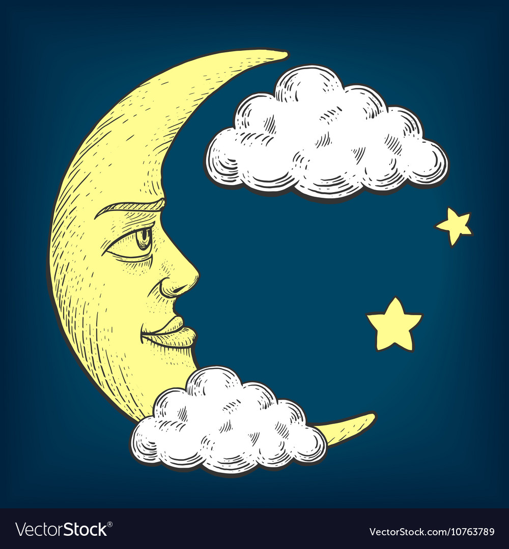 Moon with face engraving style Royalty Free Vector Image