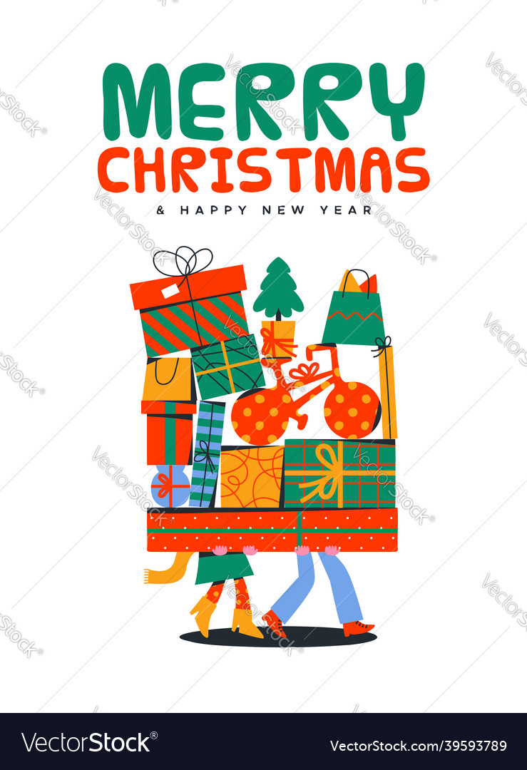 Year funny people gift box pile card vector image Year funny people gift box pile card