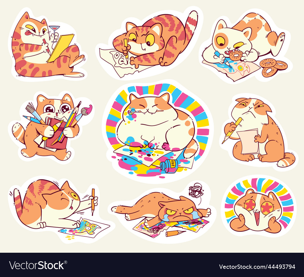 Funny Cat Artists Colorful Cartoon Characters Vector Image Funny Cat Artists Colorful Cartoon Characters Vector Image