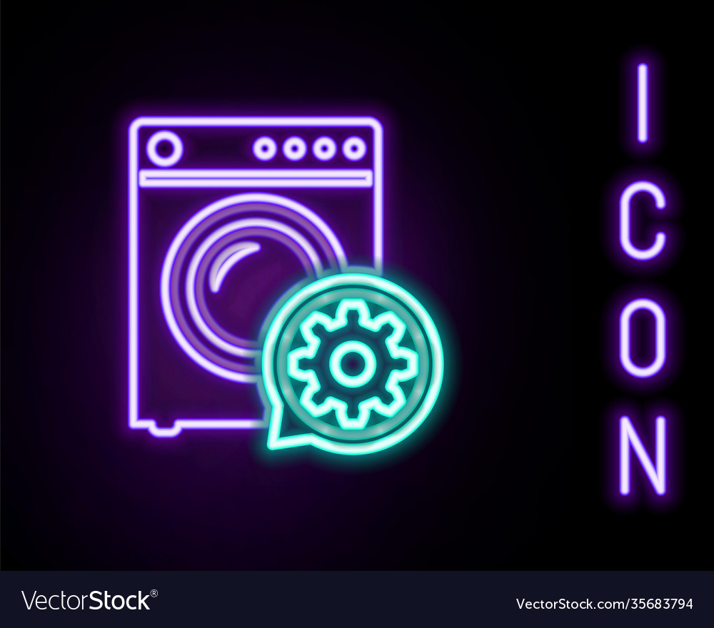 Glowing neon line washer and gear icon isolated