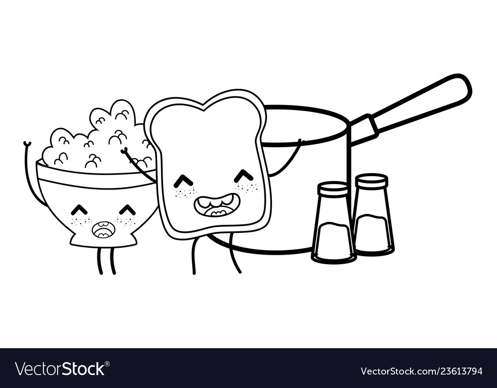 Kitchen and food kawaii cartoons in black Vector Image