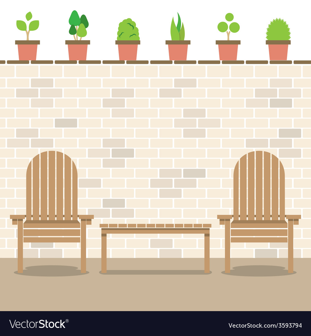 Wooden garden chairs with table and pot plants