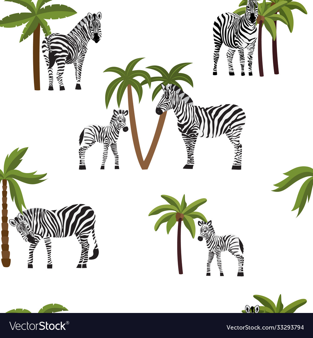 Zebras and palm trees in seamless pattern flat