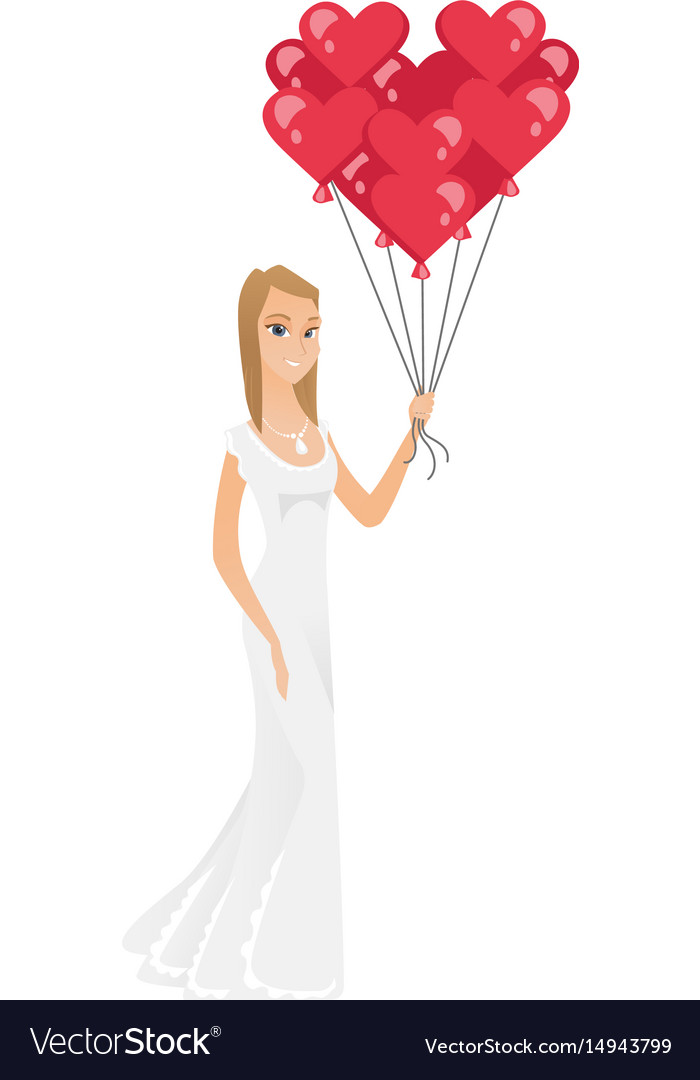 Bride With Bunch Of Heart Shaped Red Balloons Vector Image
