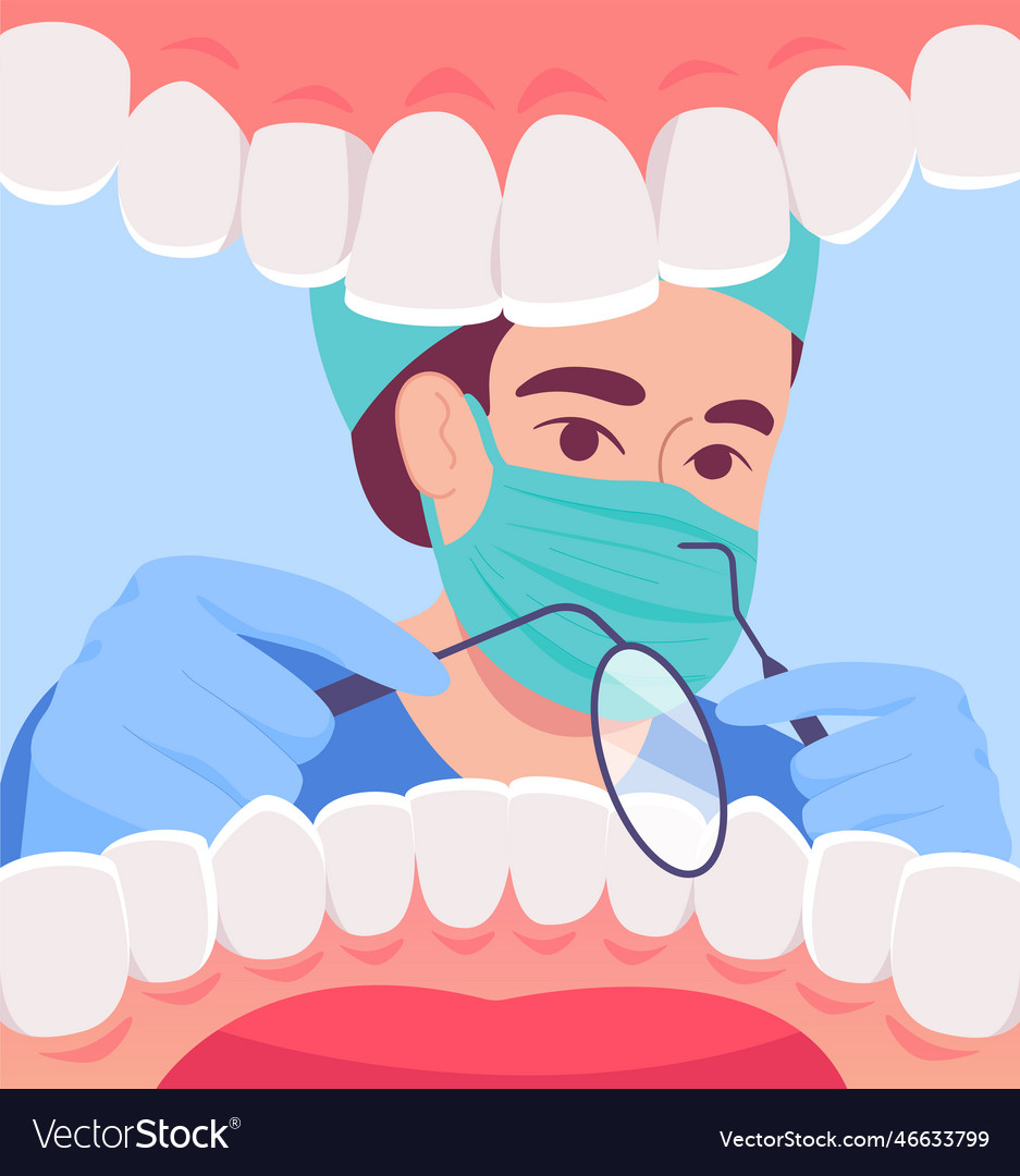 Cartoon dentist in mask looking into open mouth