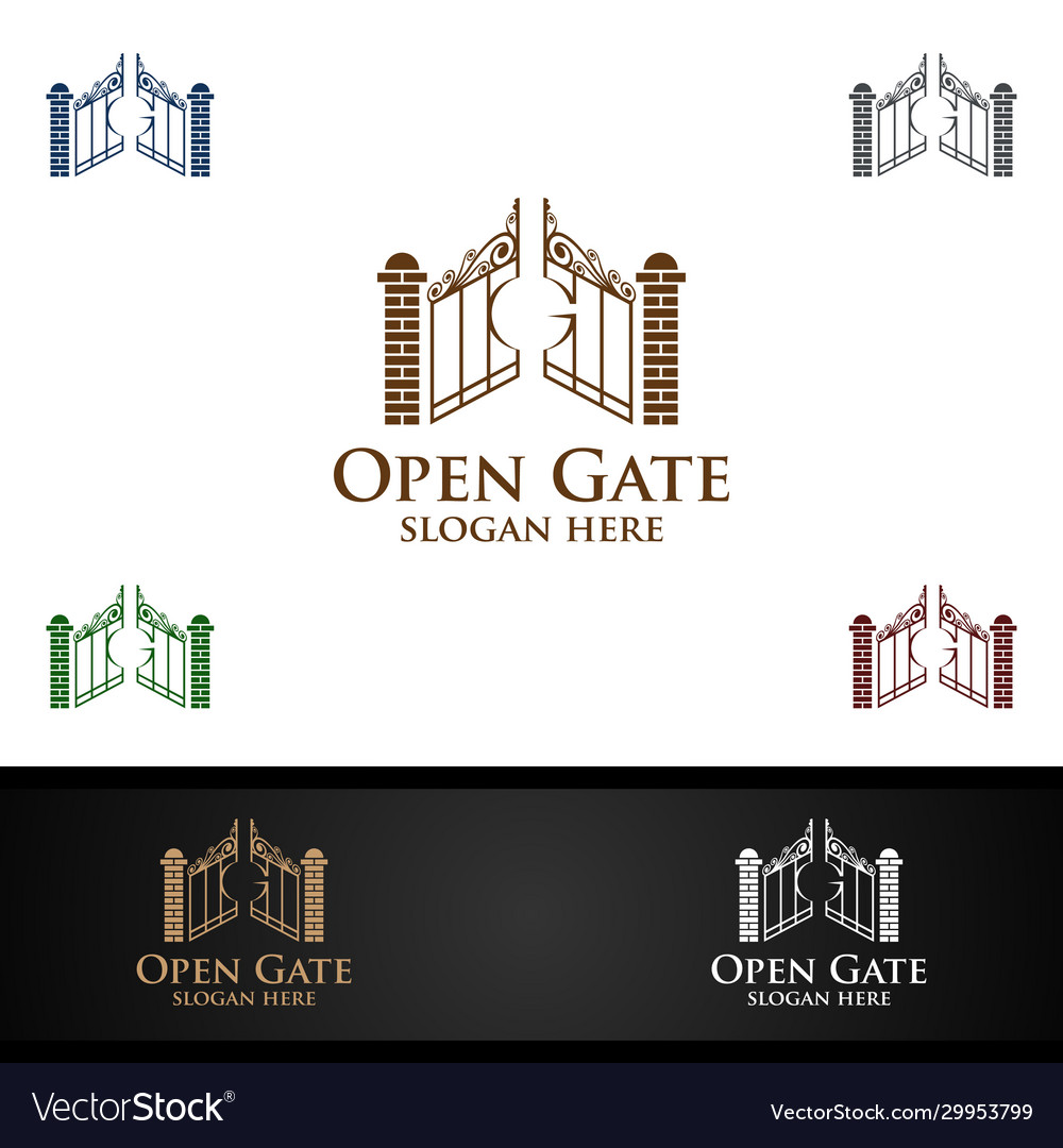 Real estate logo with open gate property and home