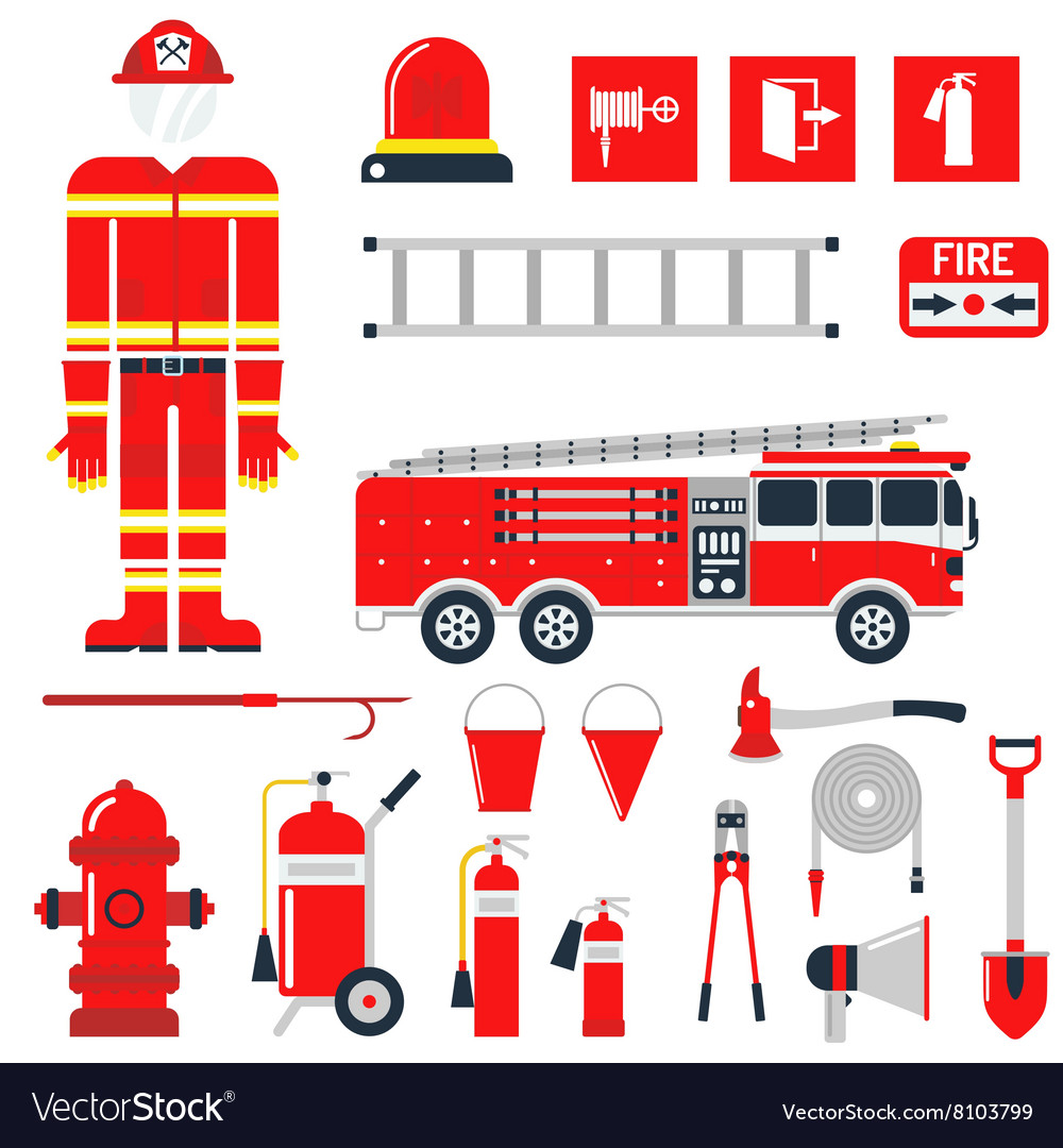 Set firefighter fire safety flat icons and Vector Image