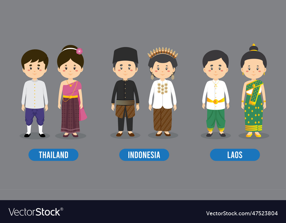 Set of asian people wearing traditional outfit Vector Image