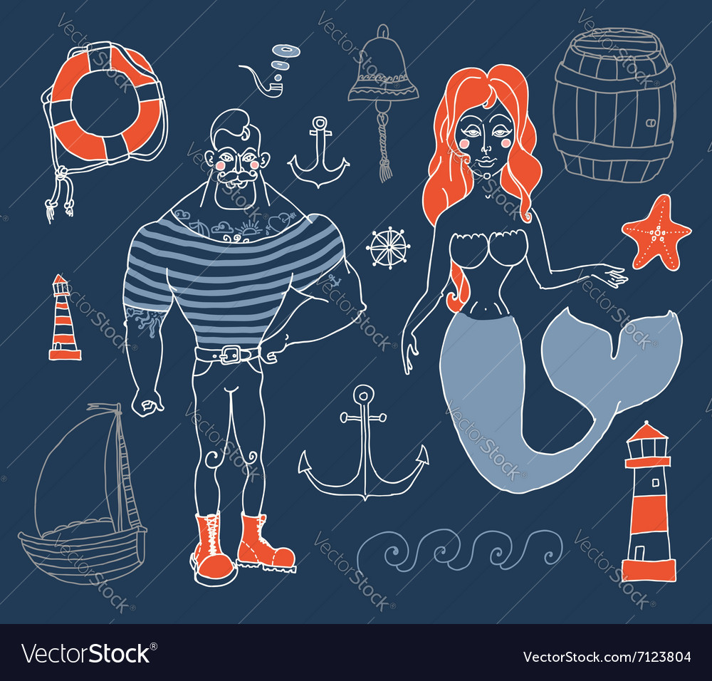 Set with sailor lighthouse mermaid ship